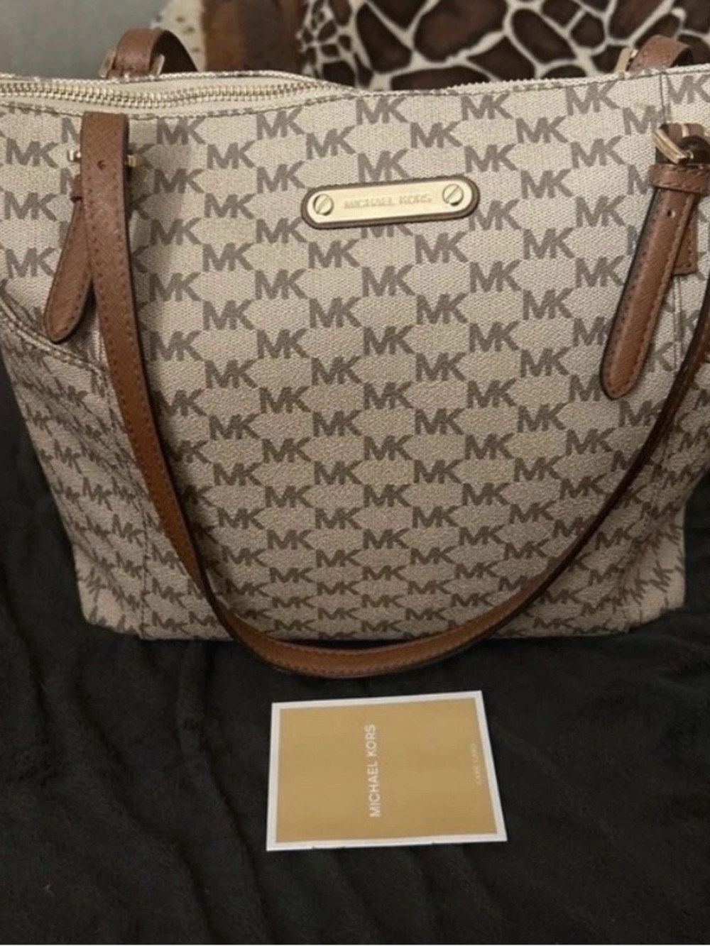 Michael Kors Beige MK Monogram Shoulder Bag with Brown Trim